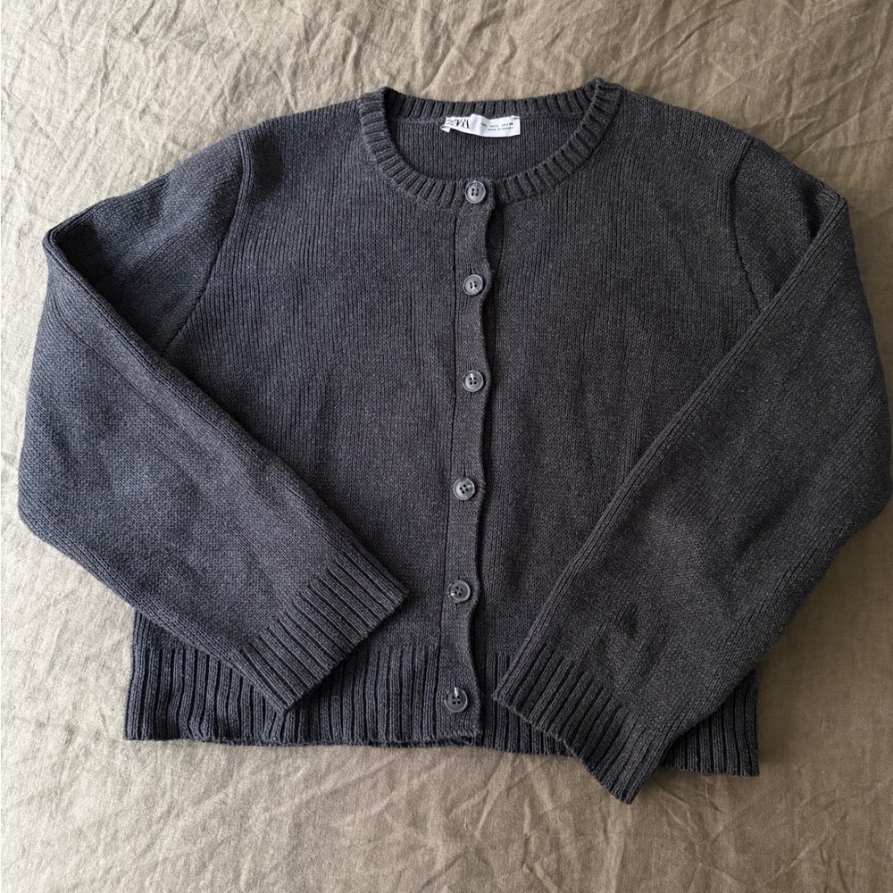 Zara Charcoal Gray Cotton Crewneck Cardigan
